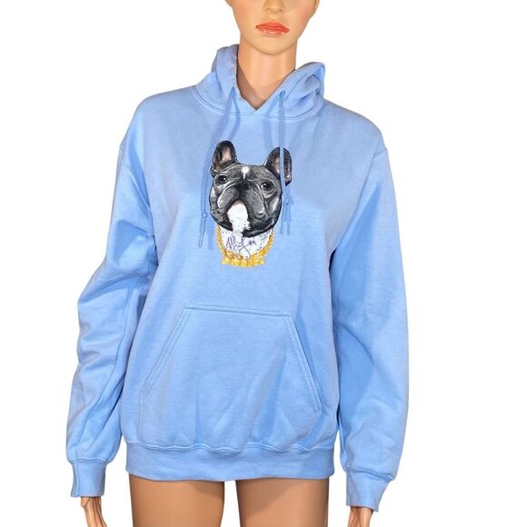 JuJu Tops - Team JuJu French Bull Dog Hoodie Graphic Size SM Autographed Light Blue